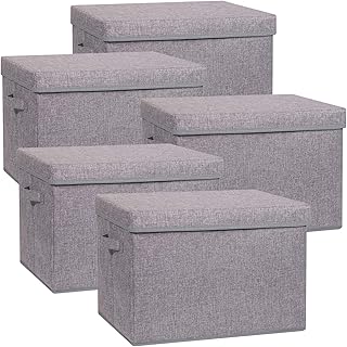 5 Pack Large Foldable Storage Box with Lids Fabric Storage Cube Organizer Cloth Containers Bins Baskets for Closet Clothes Clothing Bed Room
