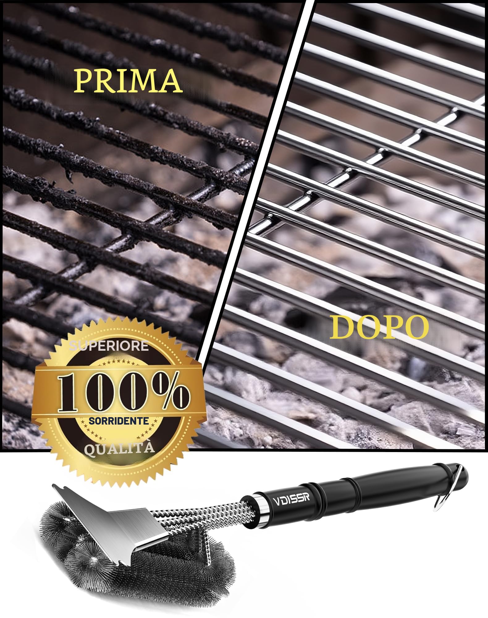 Spazzola Barbecue Acciaio Inox con Raschietto, Pulizia 360°, Manico Isolante Termico Extra Lungo