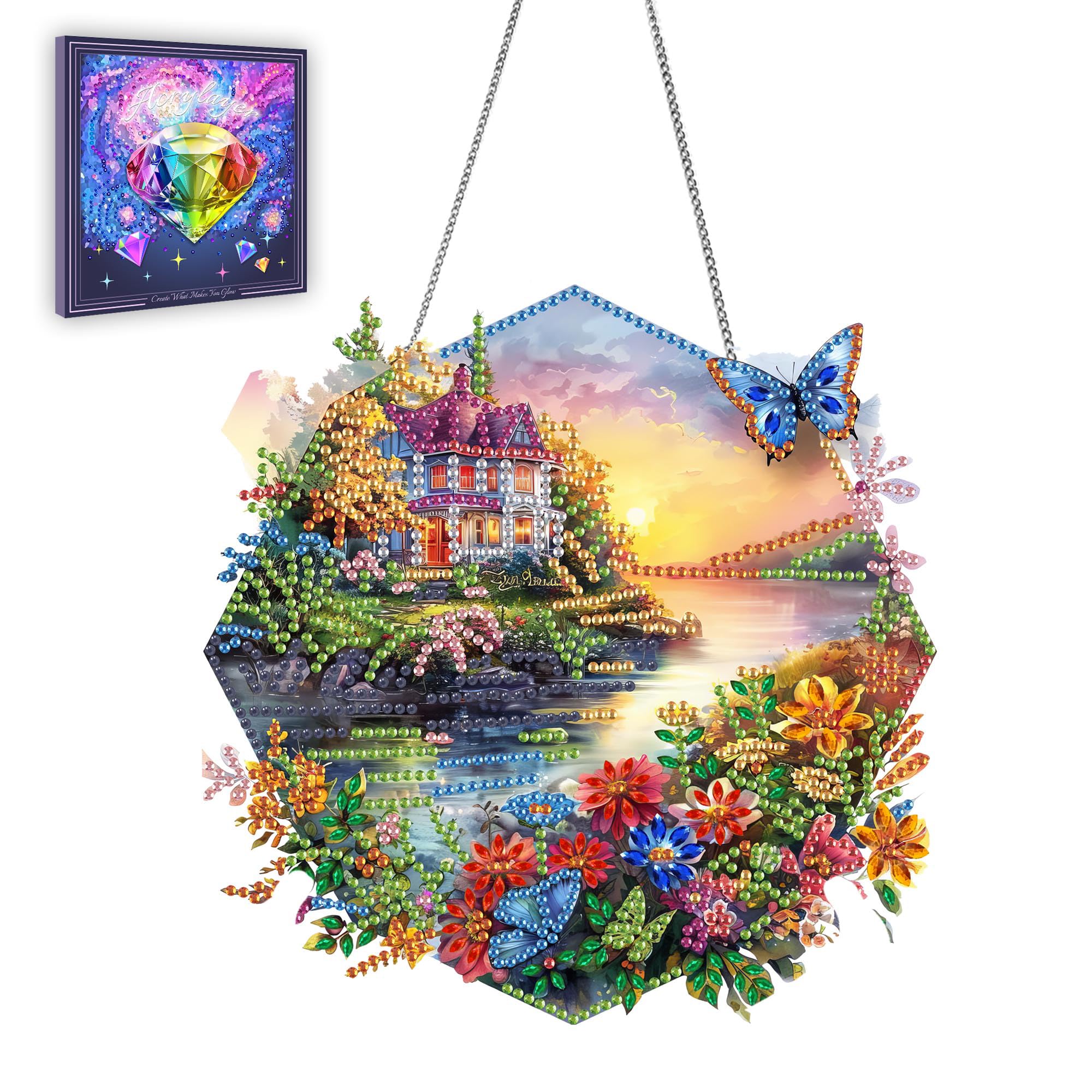 Ginfonr Diamond Painting Hanging Kit, Landscape Diamond Art Kit for Adults, Special Shape Rhinestones, Butterflies, Double Sided Hanging Kits for Garden Wall Window 8x8 Inch-image-20