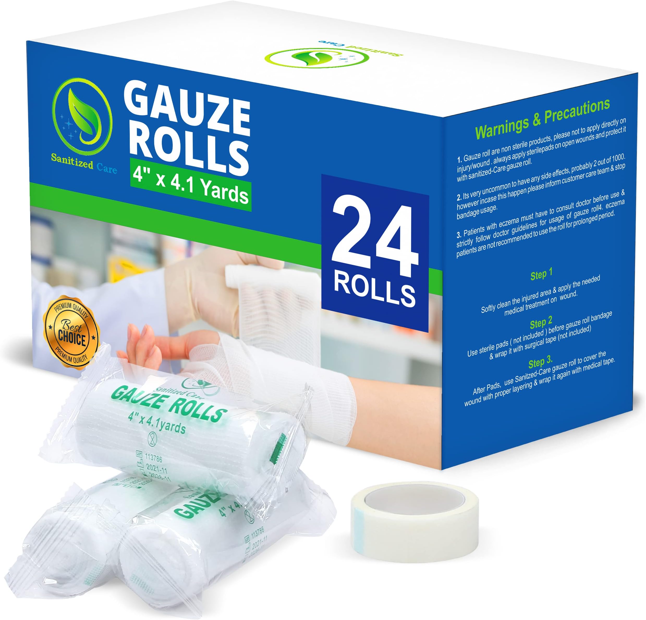 Premium Gauze Rolls - Pack of 24-4" x 4.1 Yards Individually Wrapped, First Aid conforming Bandages + Bonus Medical Tape