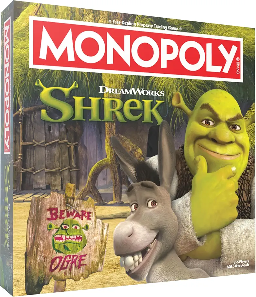 MONOPOLY: Shrek Edition Board Game, Buy, Sell &amp; Trade, Iconic Fairy Tale Characters like Shrek, Donkey, Puss n Boots &amp; More, Classic Family Game for Ages 8+, Officially Licensed DreamWorks Mer
