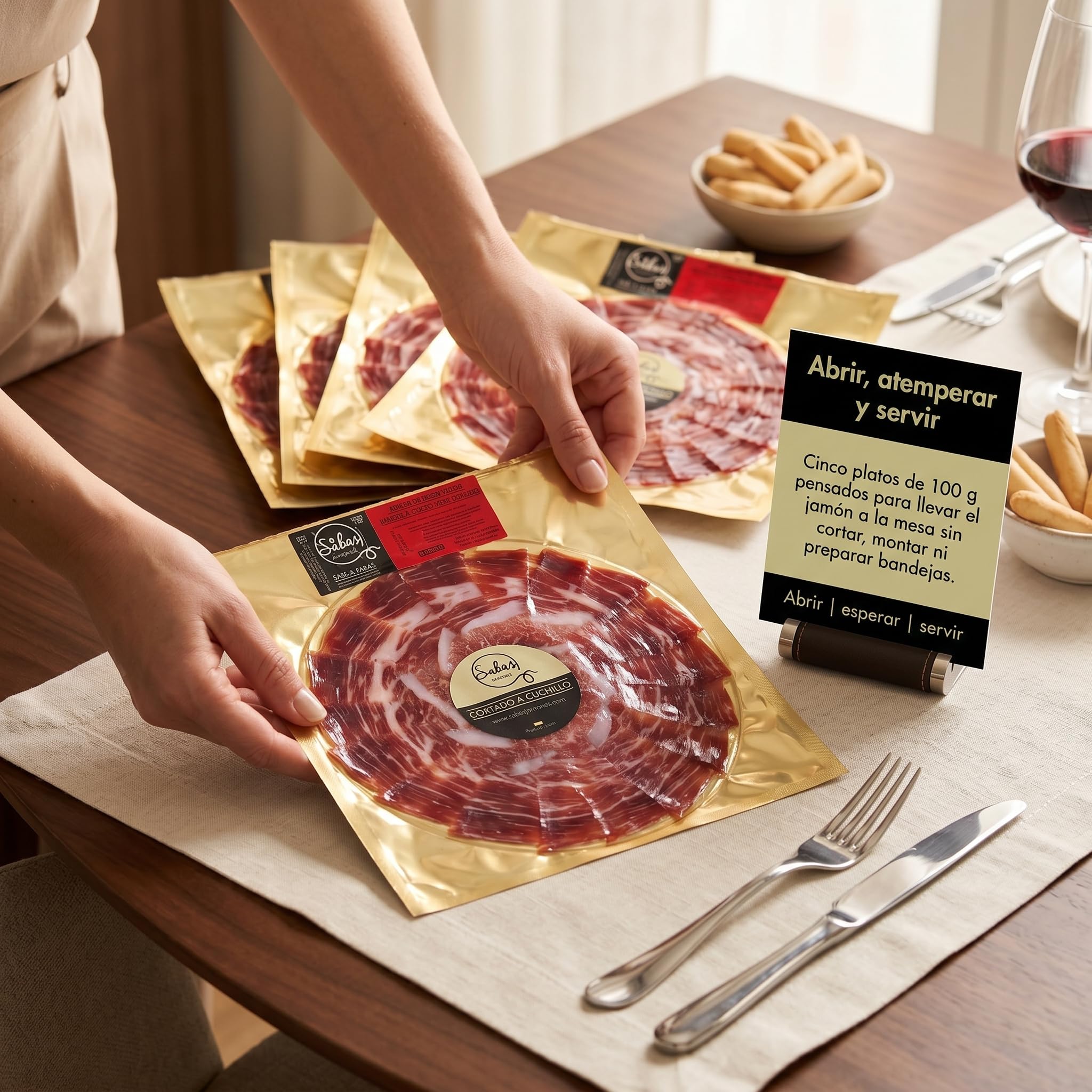 SABE A SABAS Jamon Bellota Iberico 75% Raza Iberica 5 Platos 100 g Cortado a Cuchillo Envasado al Vacio Curacion 36 Meses Loncheado Gourmet Regalo Premium Tabla Aperitivo Dehesa Espanola Fiesta