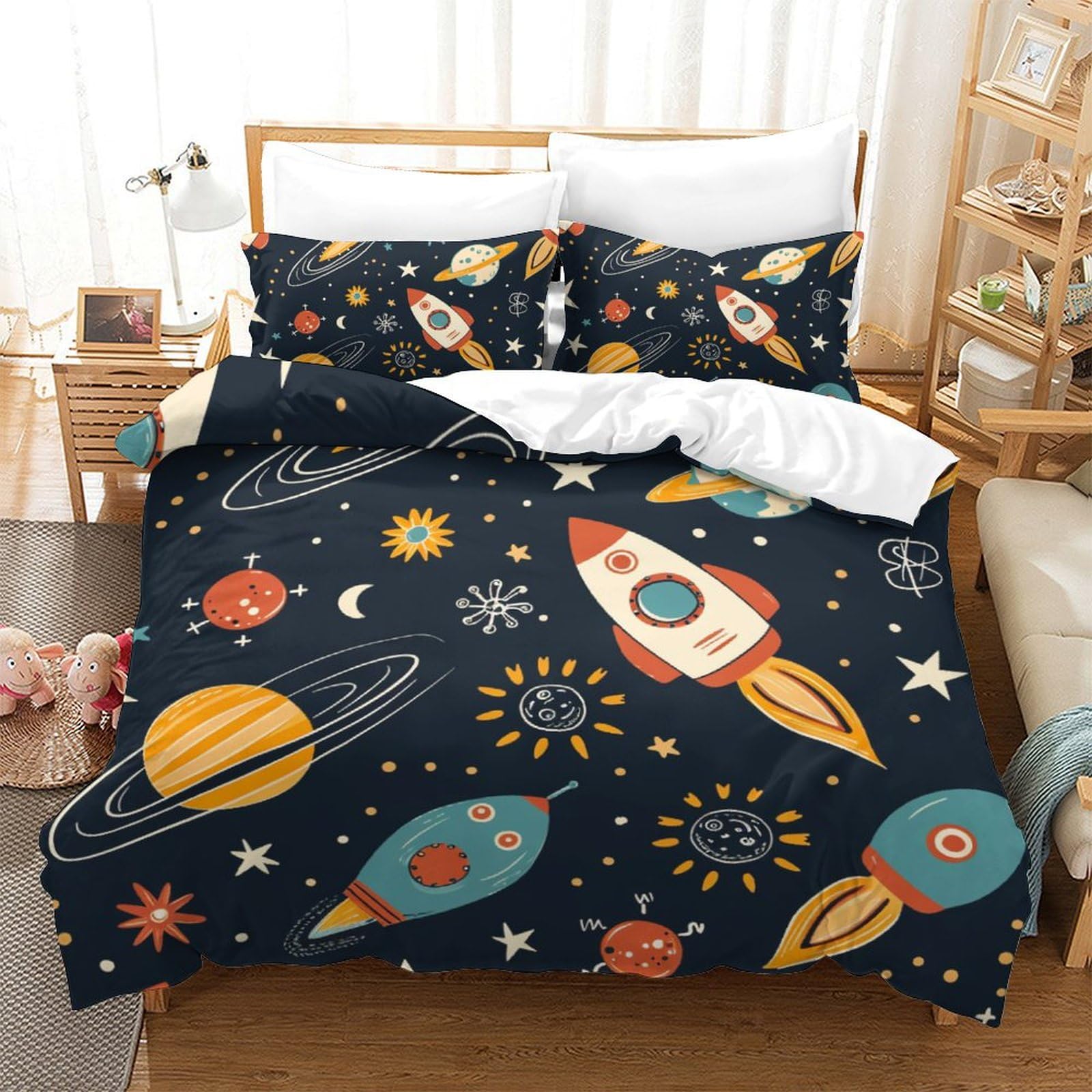 Housse de couette fusée 200x200 parure lit microfibre avec taies
