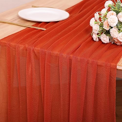 Miniatura 1 de SAJOO 4 caminos de mesa de gasa terracota de 30 x 120 pulgadas, rústicos y bohemios, manteles de gasa transparente de 10 pies para decoración de