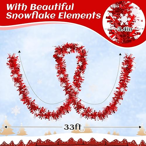Miniatura 7 de Guirnalda de oropel de Navidad con copos de nieve, guirnalda metálica gruesa de 33 pies para decoración de árbol de Navidad, decoraciones navideñas