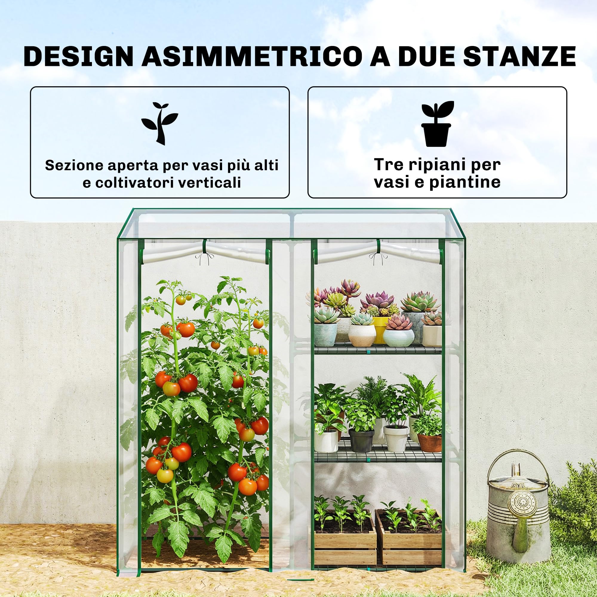 Outsunny Serre de Jardin avec étagères 3 Niveaux, Petite Serre de Balcon en Bâche PVC et Châssis Acier, 2 Portes Enroulables, pour Légumes Plantes Fleurs, 143 x 45 x 151 cm, Transparent