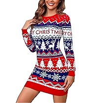 Bresdk Vestito Donna Invernale Maglione Natalizio Abito Natale in Maglia Manica Lunga Collo Rotondo Aderente Vestiti in Maglioni con Natalizi Stampa Rosso M