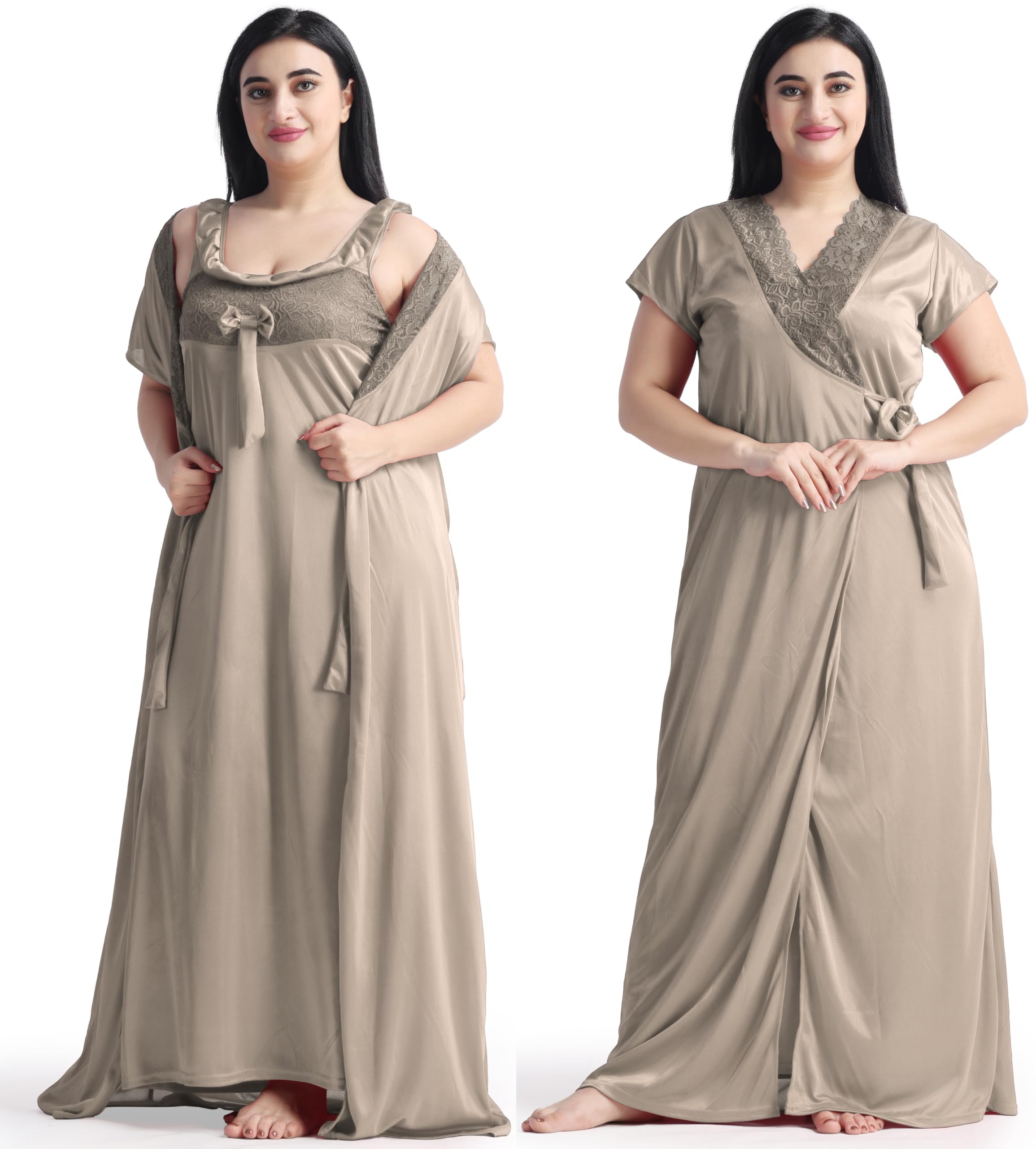 Swati Fashion Women's Long Satin Nightgown, Beige, Lace Trim V-Neck, Floor Length-picture-24