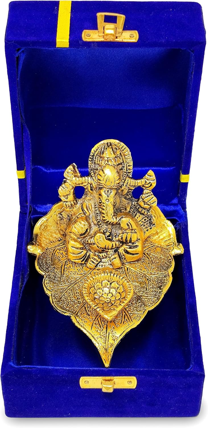 NOBILITY Ganesha on Leaf Gold Diya Oil Lamp Statue Idol with Blue Gift Box Pooja Items Diwali Decoration Puja Gifts Handmade Oil Lamp Traditional Indian Deepawali Gift Items 6 Pcs