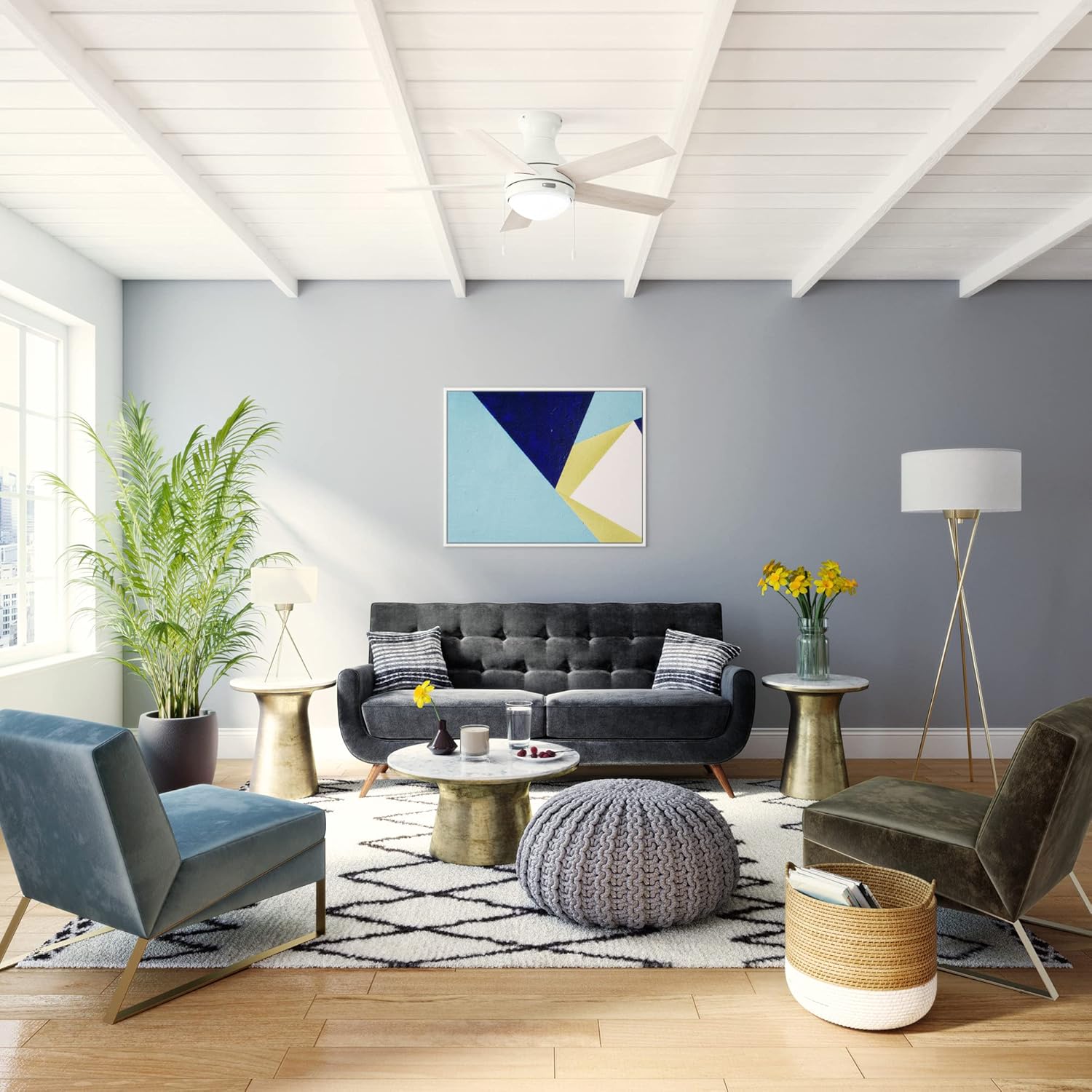 Hunter 44 inch Aren Fresh White Low Profile Ceiling Fan with LED Light Kit and Pull Chain