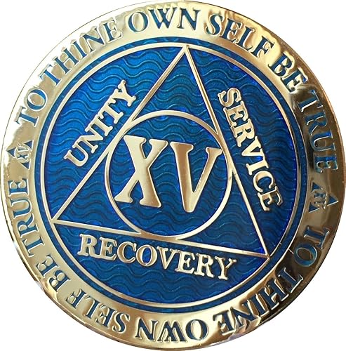 Miniatura 2 de 15 años AA Medallion Reflex Blue Gold Plates Sobriety Chip XV, Pequeño, Latón