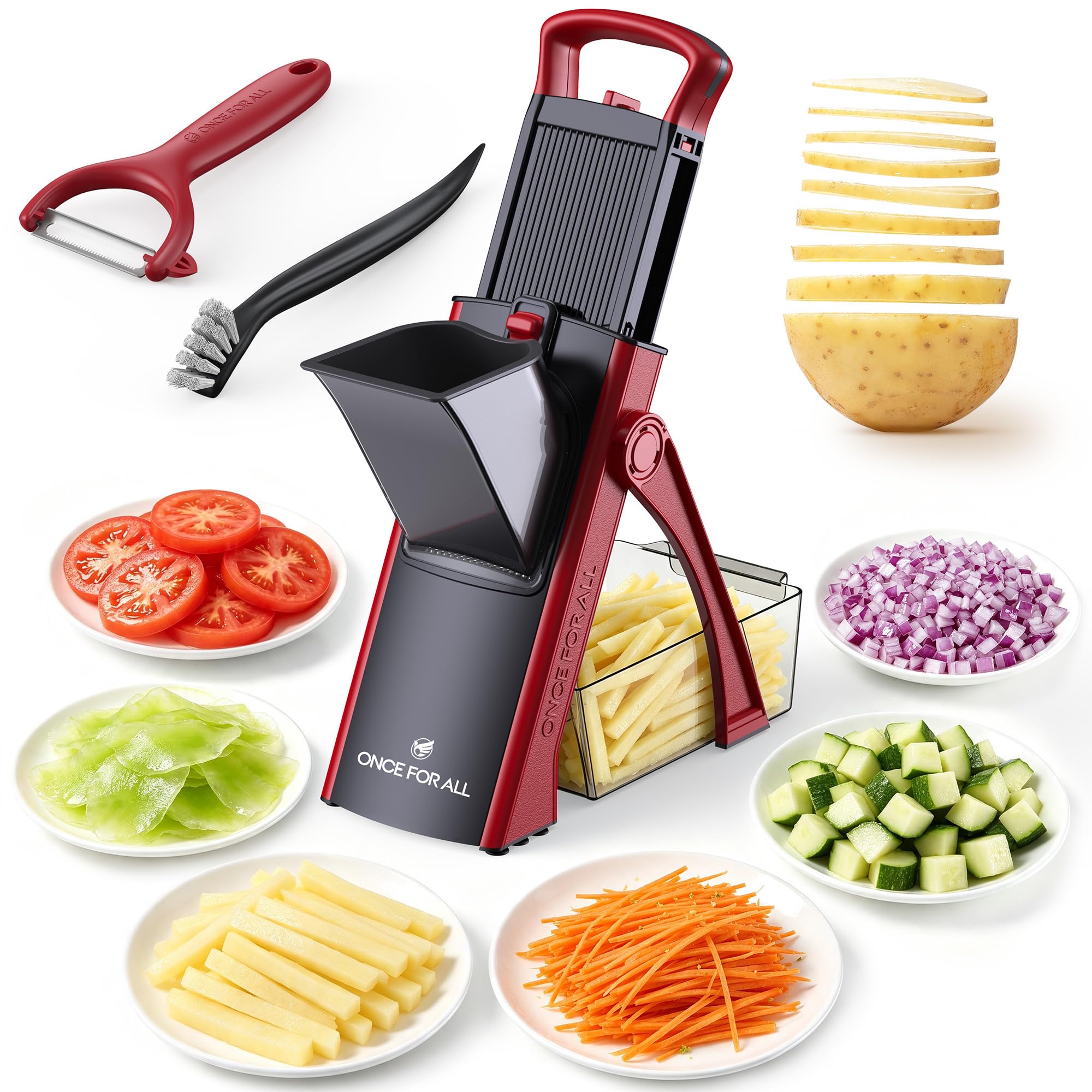 ONCE FOR ALL Safe Mandoline Slicer Plus with Peeler, Bigger Size, Red
