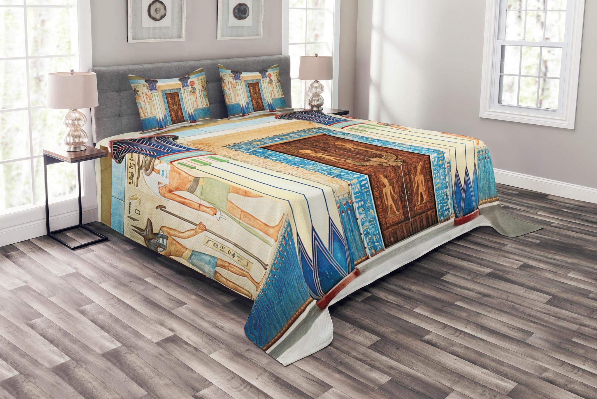 Lunarable Egyptian Print Bedspread, Egyptian Writing on Stone Antique Old Indigenous Civilization, Decorative Quilted 3 Piece Coverlet Set with 2 Pillow Shams, King Size, Beige Brown