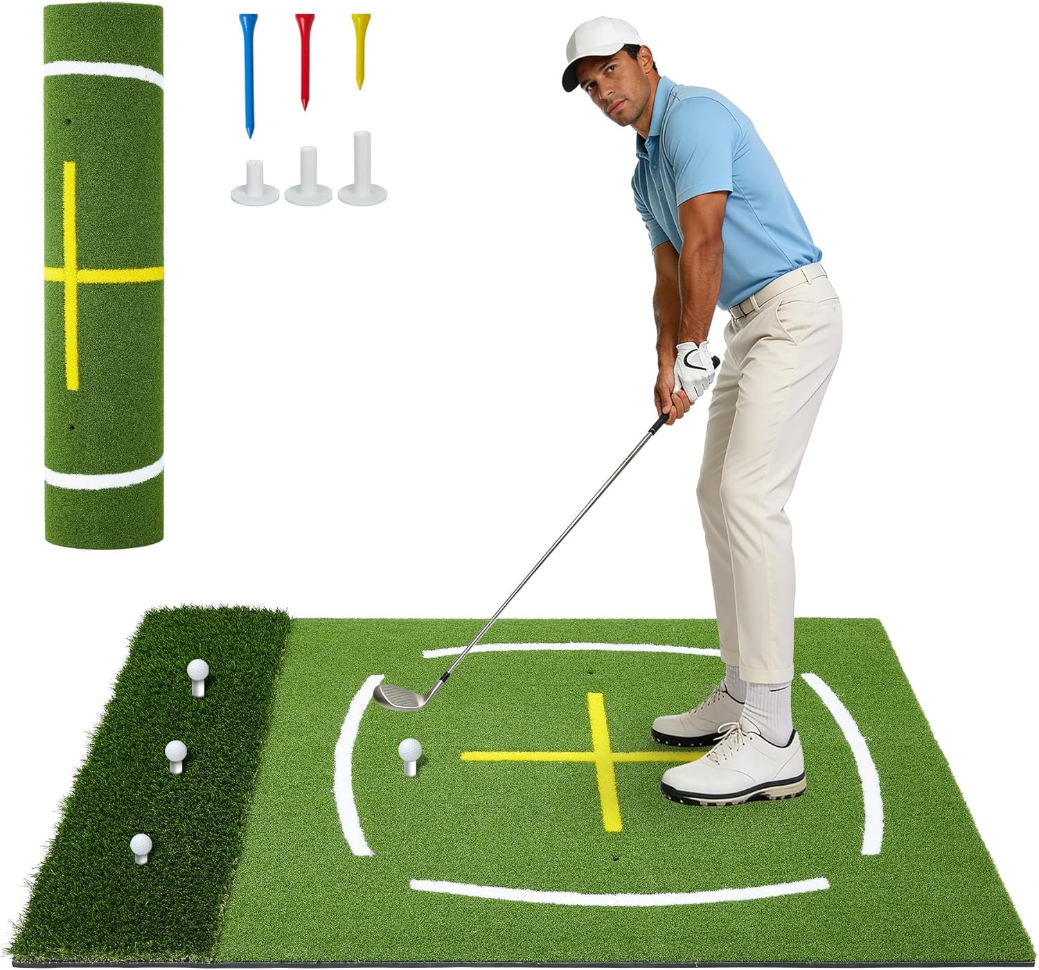 5x4 ft Dual-Turf Golf Hitting Mat with Stance Guide & Swing Path Lines, Thickened PE & EVA Base for Indoor Outdoor Practice, Portable Foldable Training Mat, Ideal Golf Gifts for Men and Dads