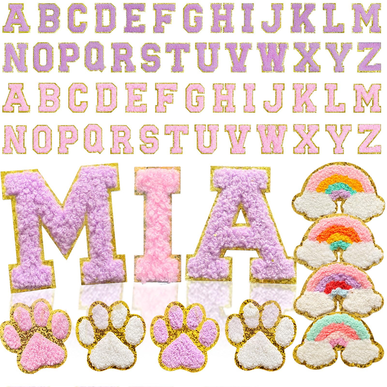 60 PCS Chenille Letter Patches Self Adhesive, 2 Complete A-Z Alphabet Sets in Pink and Purple with 8 Rainbow and Paw Patches, Stick On Letters for Backpacks, Bags, Hats and DIY Names