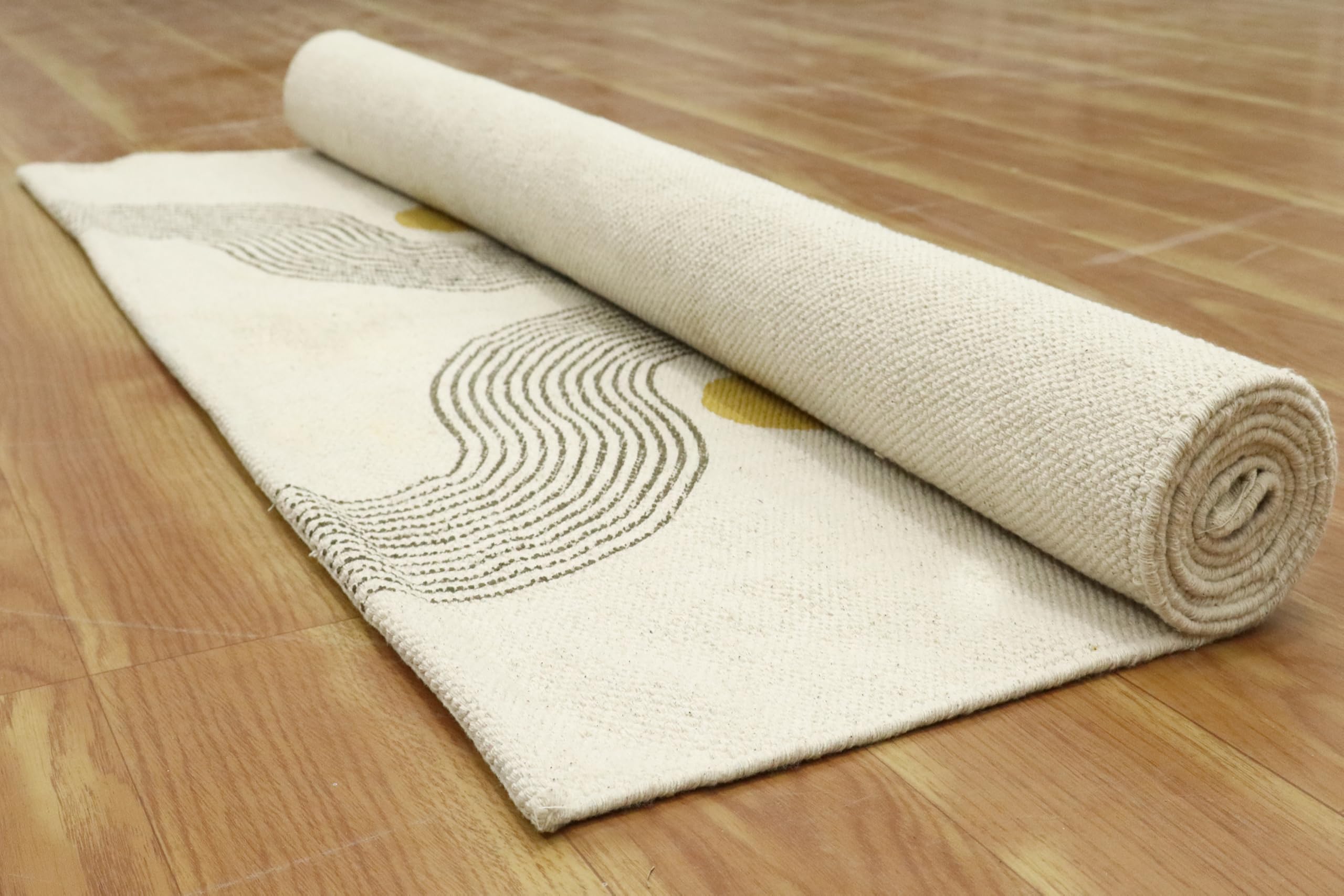 Tappeto Kilim in cotone stampato a mano da 1,8 m, quadrato, lavabile 0,5 cm, lavabile a mano, tessuto piatto, beige e giallo, geometrico, per interni ed esterni, per sala da pranzo, sala da