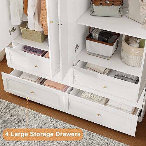 Miniatura 5 de Armario Armario con cajones: Armario de madera de 74 pulgadas con 4 puertas, Armario grande para dormitorio con estantes, armarios altos para colgar