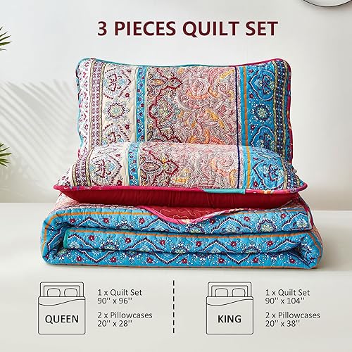 Miniatura 7 de WONGS BEDDING Juego de edredón bohemio tamaño King, juego de colcha de 3 piezas de rayas rojas bohemias de microfibra ligera para todas las