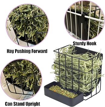 Rabbit Hay Feeder Guinea Pig Hay Feeder, Hay and Food Holder with Hook Heavy-Duty Metal Frame Hay Rack,for Bunny, Guinea Pigs,Chinchillas,  with Two Multifunctional Zippers-6.8x6.7x6.6inch