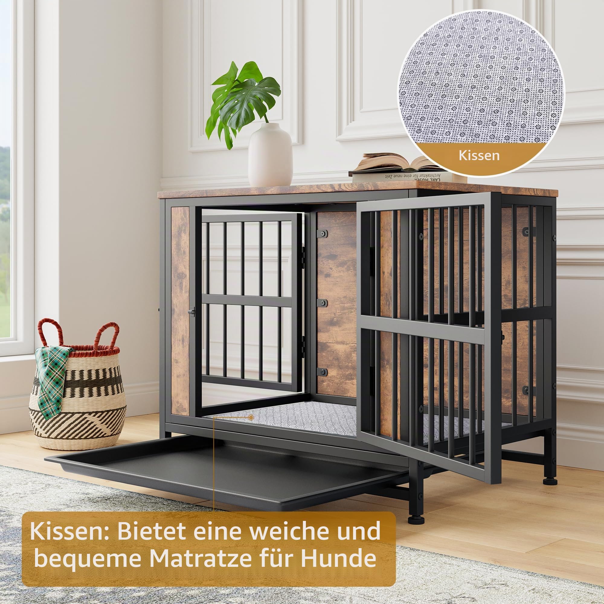 Hundekäfig-Möbel, robuster Hundekäfig für große/mittelgroße Hunde, Holz-Hundehütte für den Innenbereich, Hundehütte mit herausnehmbarem Tablett, Doppeltüren, Beistelltisch, kaufest, rustikales