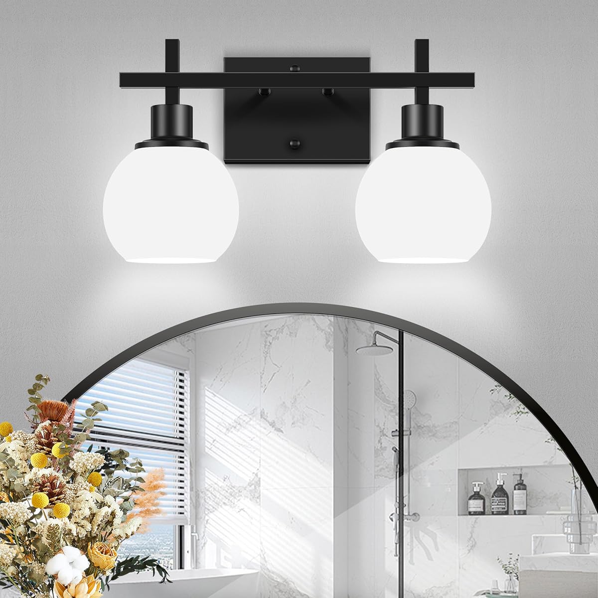 Dpyrrhic 2-Light Black Bathroom Lighting Fixture, Metal Vanity Light with Milky