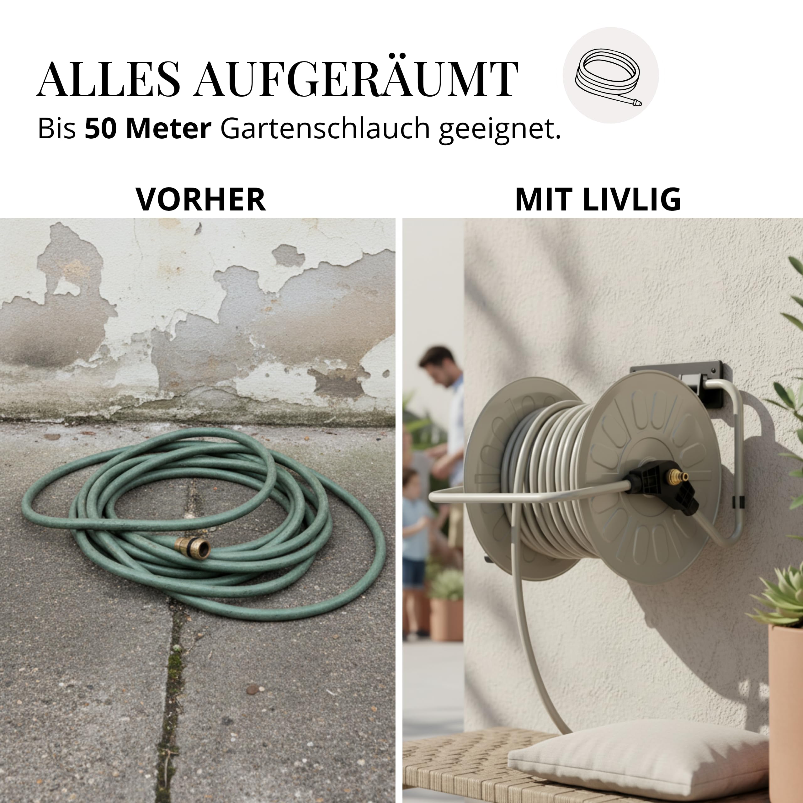 Livlig53 LIVLIG Schlauchtrommel Metall, pulverbeschichtete Gartenschlauch Trommel Made in Italy, Schlauchhalter bis zu 50m Gartenschlauch, Wandmontage & Bodenbetrieb, Greige