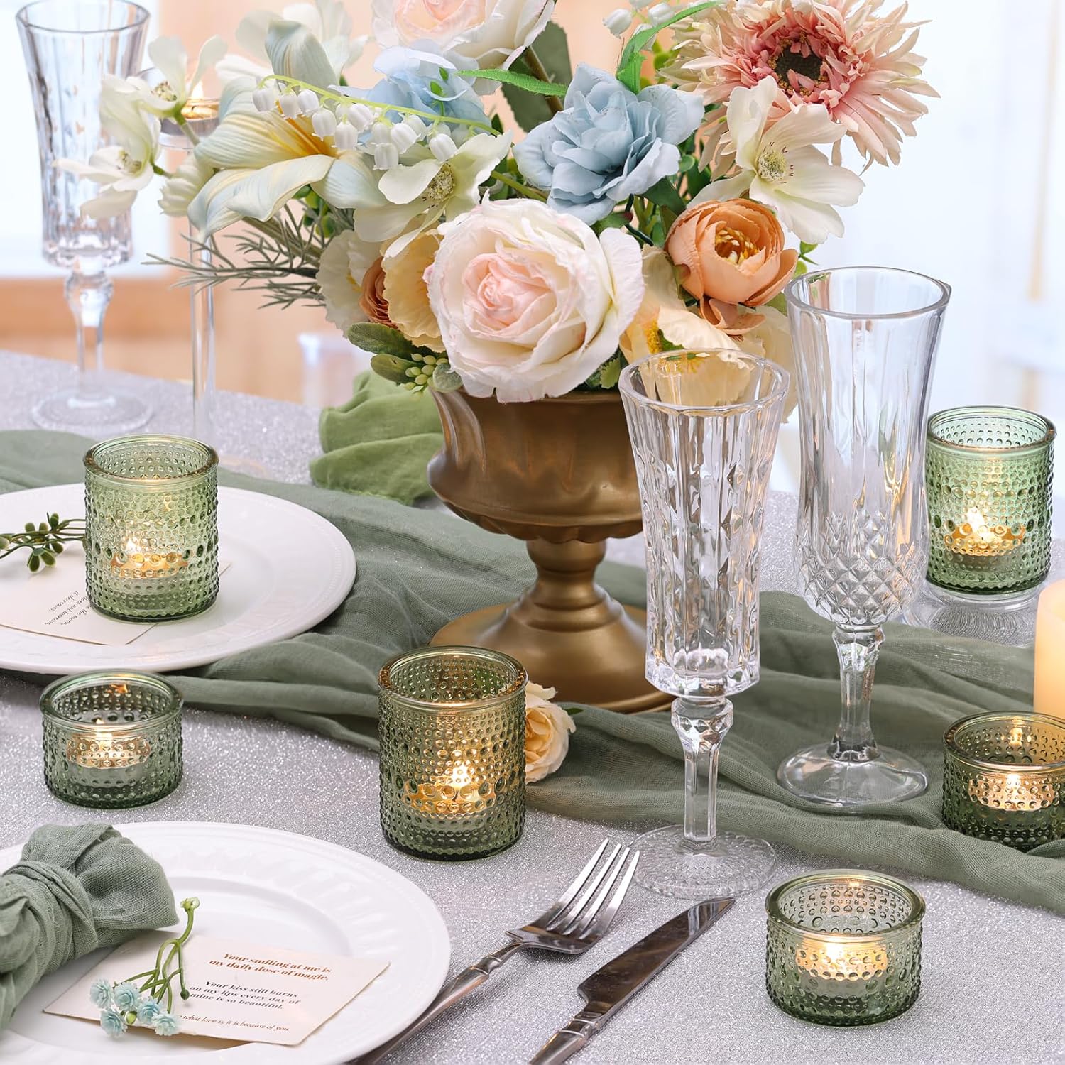 30 Pack Green Votive Candle Holders, Glass Votive Candle Holders for Spring Wedding Table Centerpiece, Baby Shower, Earth Day & Party Home Decor