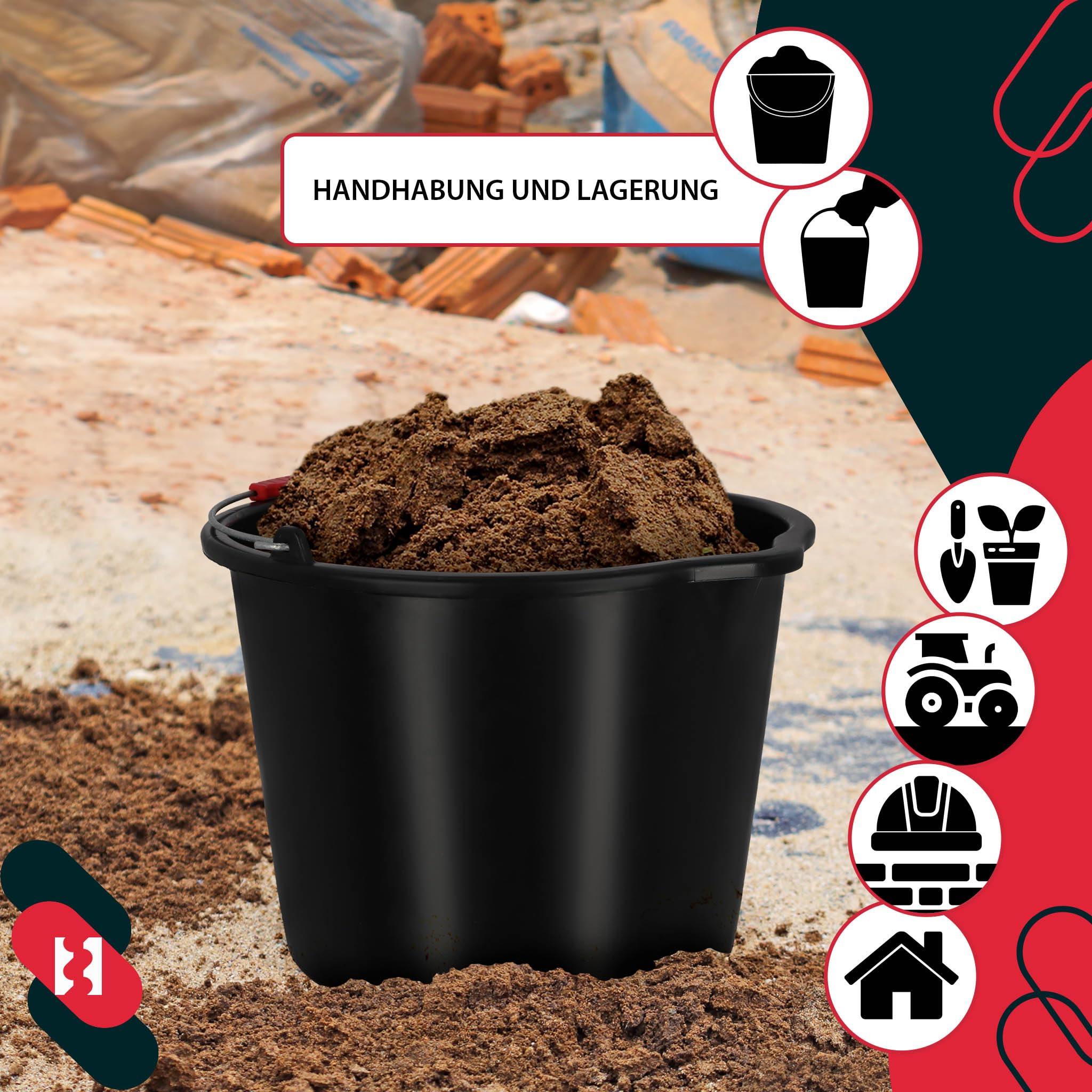 KOTARBAU® Seau de Maçon, Seau de Construction 16 L, Plastique | Lot de 3, Seau de Chantier, Seau à Mortier, Noir, avec Bec Verseur et Anse, Rond