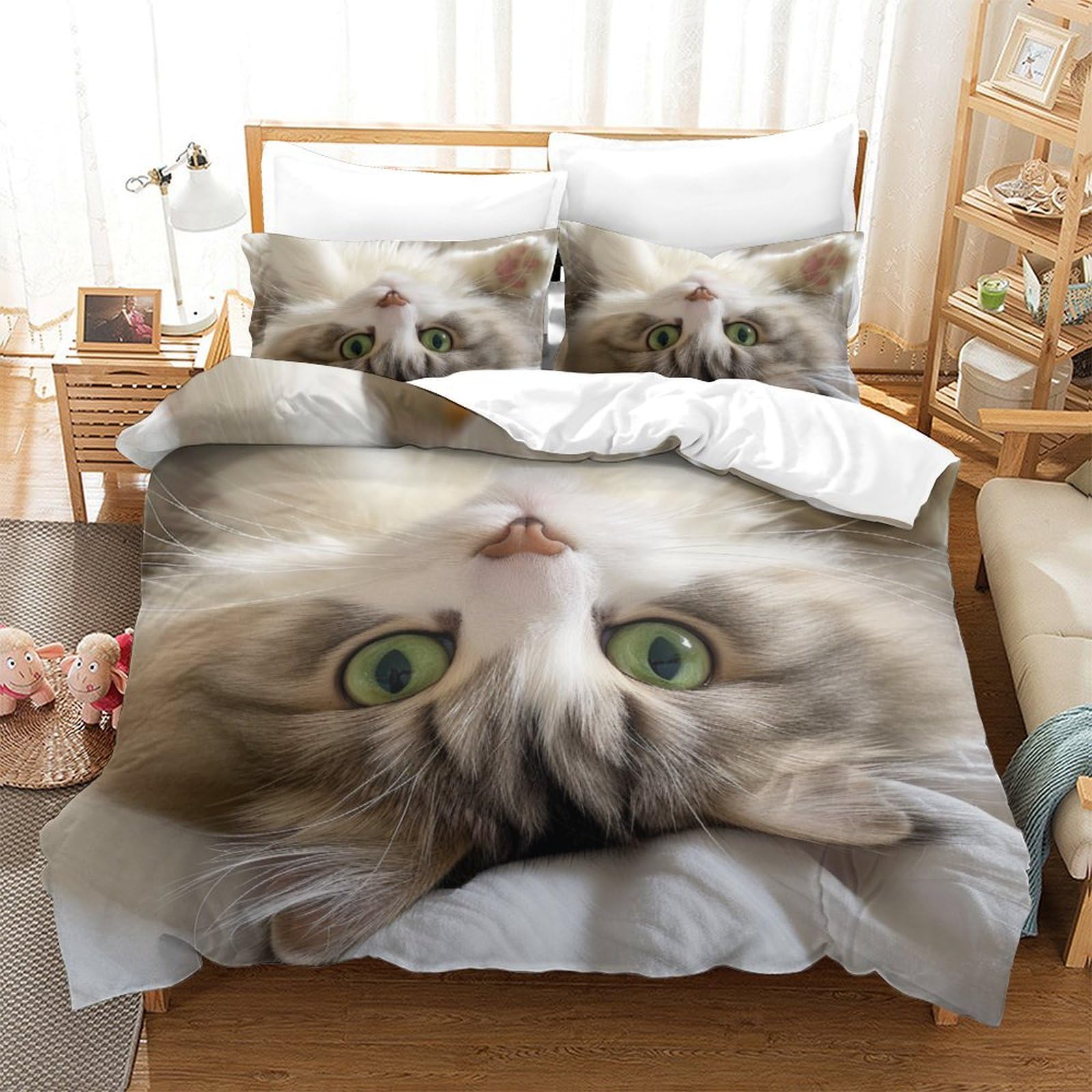 Housse de couette chat 3D 220x240 cm avec 2 taies d'oreiller pour lit King size
