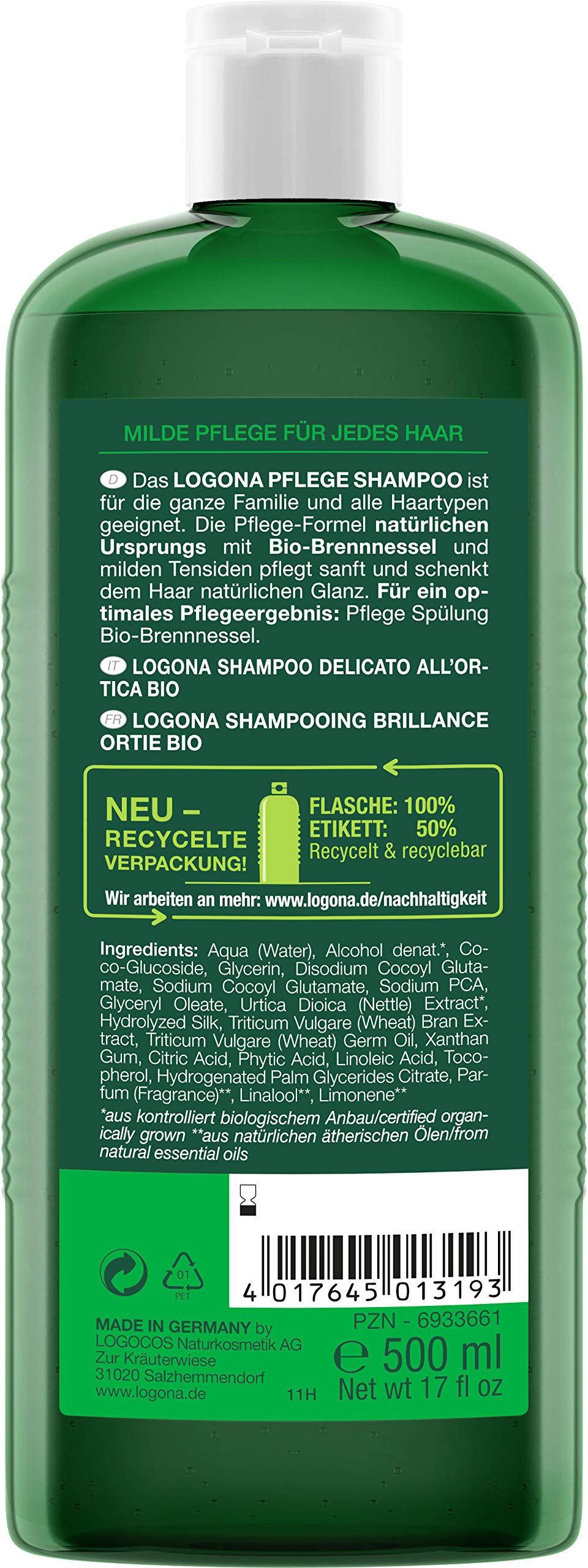 LOGONA Naturkosmetik Pflegendes Shampoo für natürlich gesundes Haar, Geeignet für alle Haartypen, Haarshampoo mit veganer Formel aus Bio Brennnessel, 1 x 500 ml (Packung mit 4)