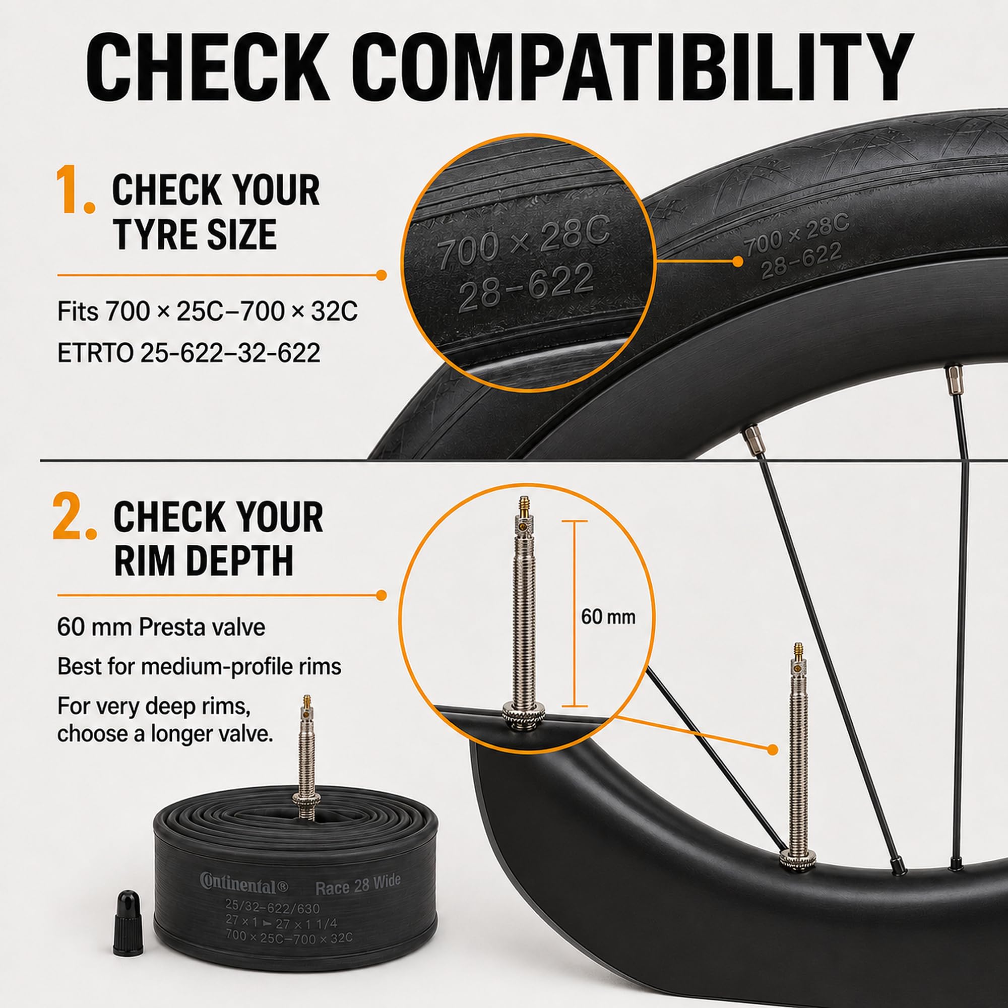 Continental. Race Lot de 4 Chambres à air de vélo 700 x 25-32c Valve Presta 60 mm avec Autocollant Conti en Bonus