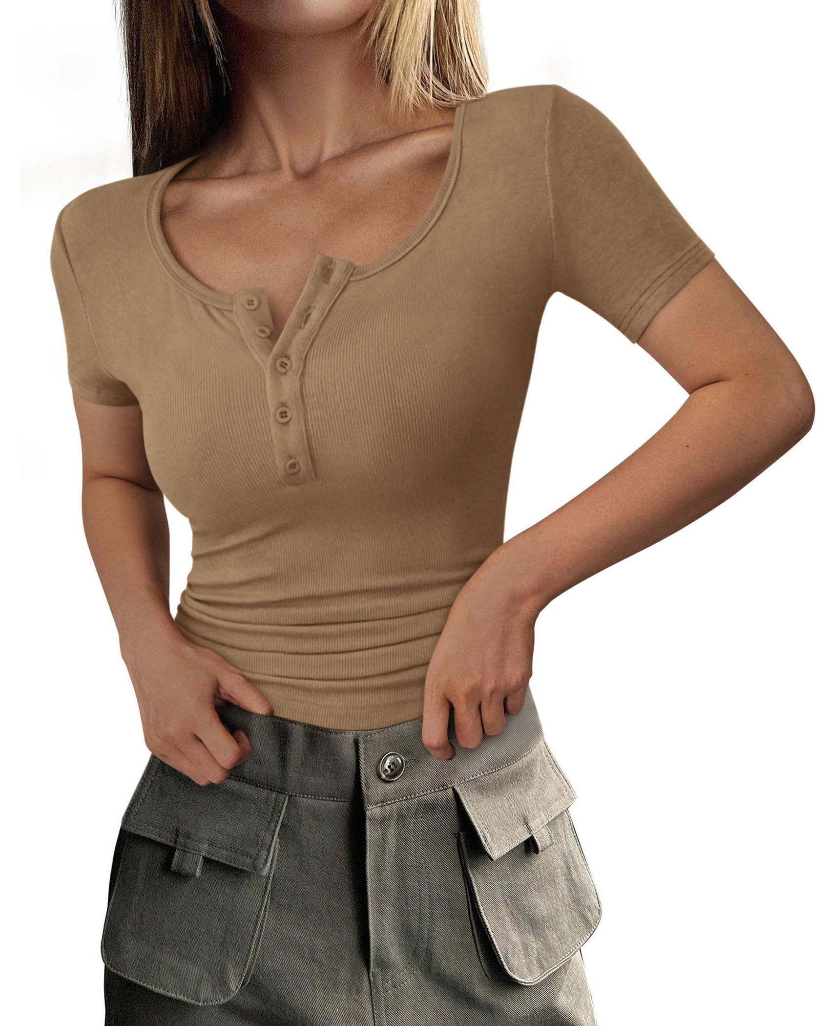 PRETTYGARDEN Women's 2025 Spring Summer Short Sleeve Tops Ribbed Henley Button Slim Fit Basic Casual T Shirts Blouse Clothing