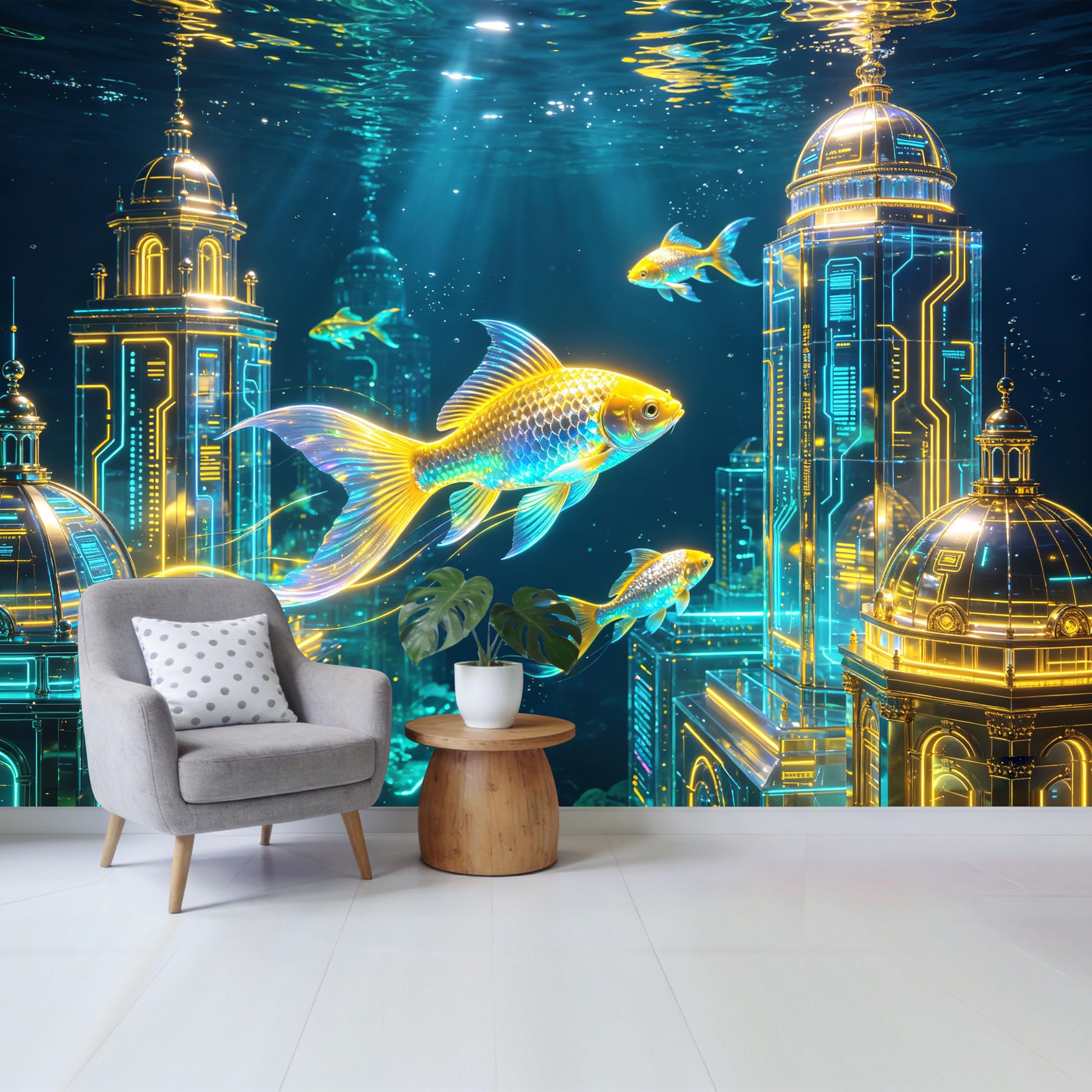 Custom Size Wall Mural Golden Koi Fish Underwater Futuristic Cyber City 3D Trompe L'Oeil SelfAdhesive Wall Fabric Removable Wallpaper for Home Office Decor