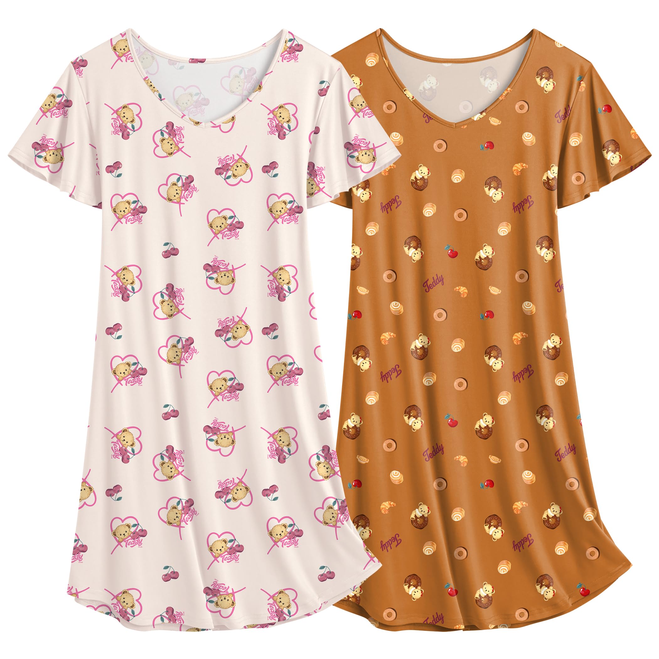 Ekouaer Damen Nachthemden Kurzarm Schlafshirt Zweiteiliger Sleepshirt Print Schlafhemd Nachtwäsche S-XXL