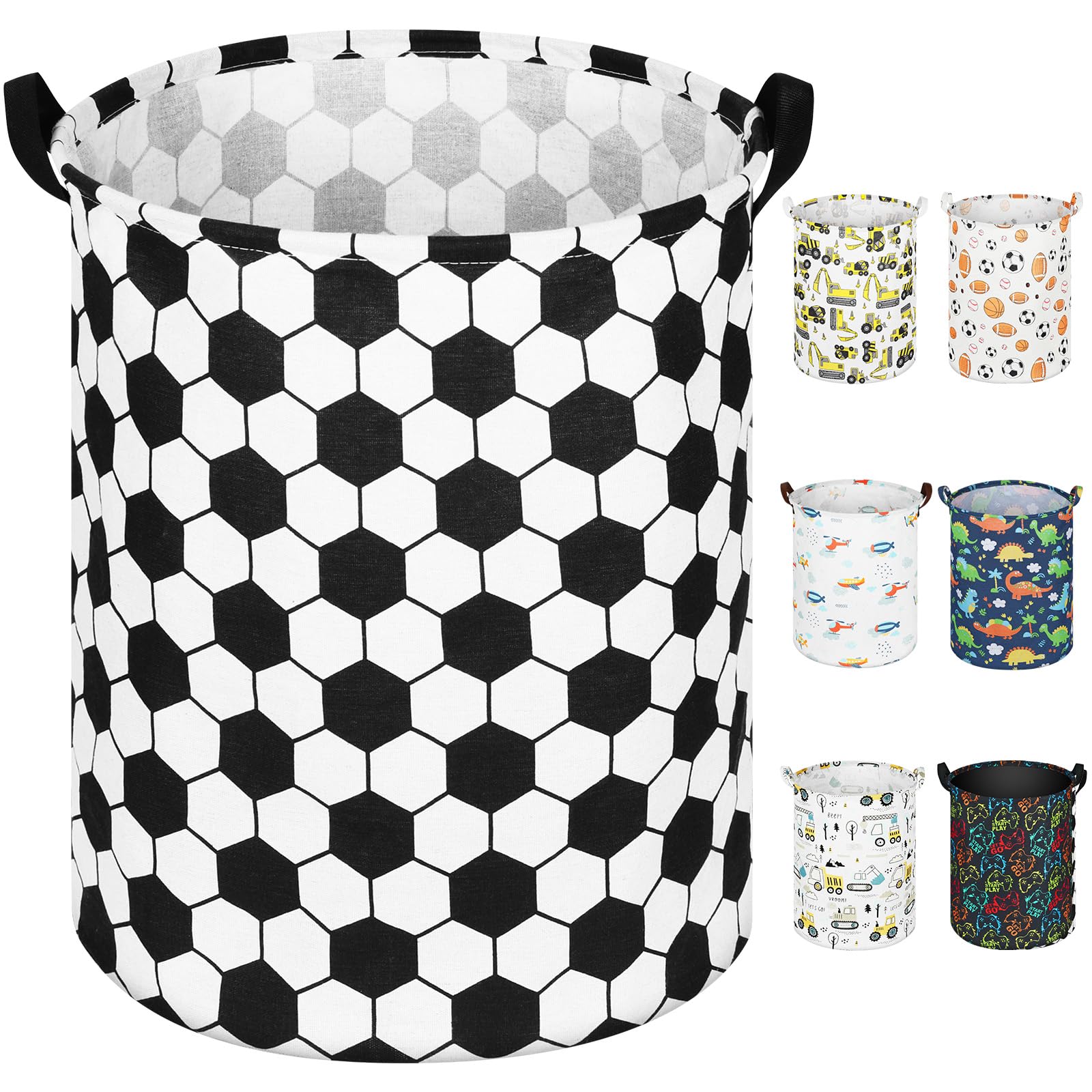 AUAUY Toy Storage Basket for Kids, Round Foldable Toys Hamper with Handles, Large Waterproof Storage Laundry Hamper, Toy Organizer for Dorm Bathroom Bedroom Living Room Nursery, 40*50CM (Soccer Ball)