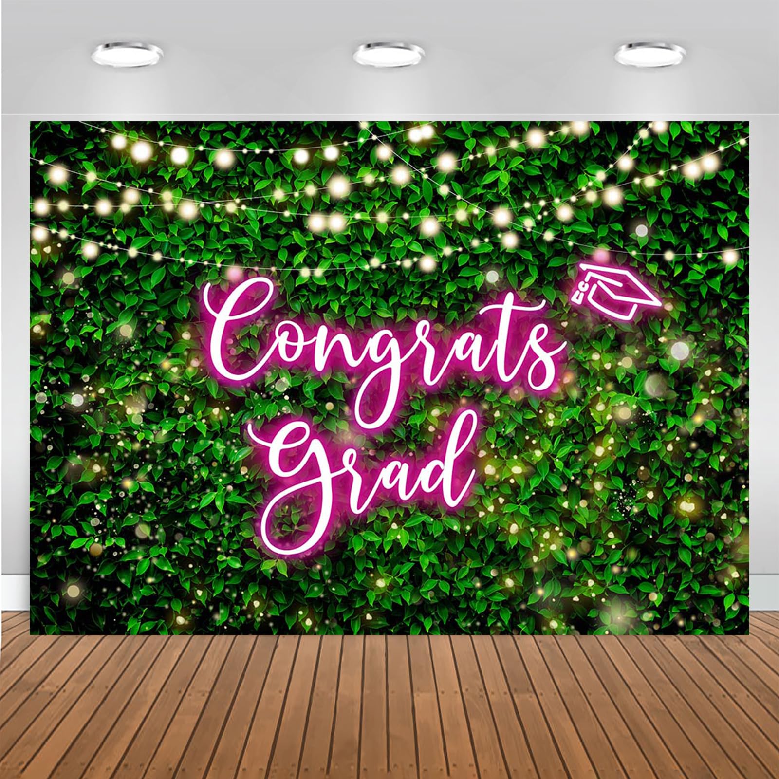 Mocsicka 2026 Congrats Grad Backdrop Green Leaves Graduation Party Decorations Greenery Wall Graduation Prom Photography Background Supplies (Pink,