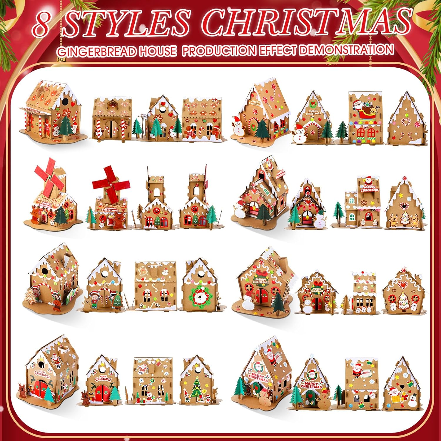 Jenaai 8 Sets Christmas Gingerbread House Craft Kit Bulk DIY Make Your Own Ginger Bread Cardboard House with Stickers Christmas Craft for Xmas Gift Holiday Activities Party Supplies Decoration