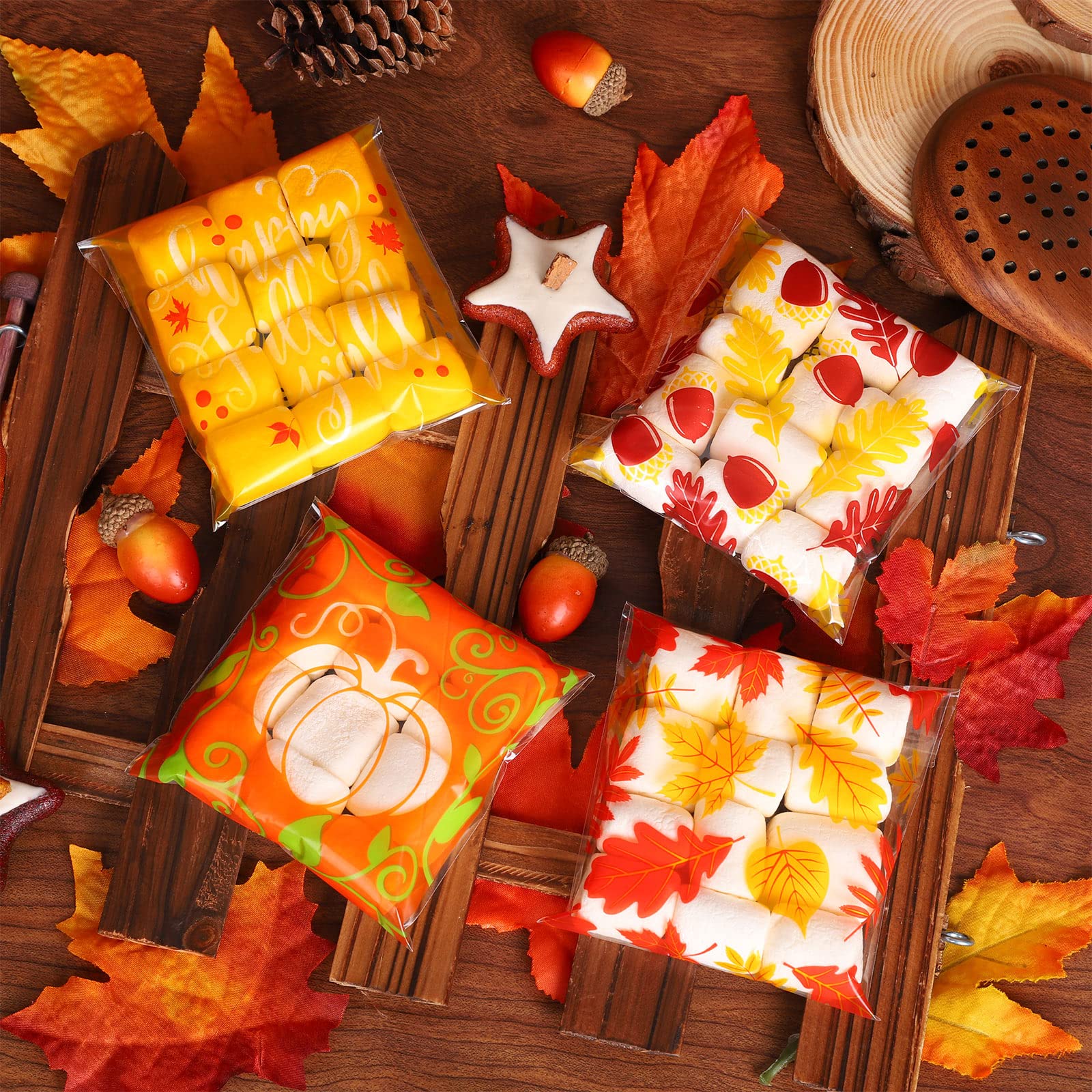 24 Fall Gift Bags – Clear PVC With Handles – Pumpkin Maple Leaf Design For Halloween Thanksgiving