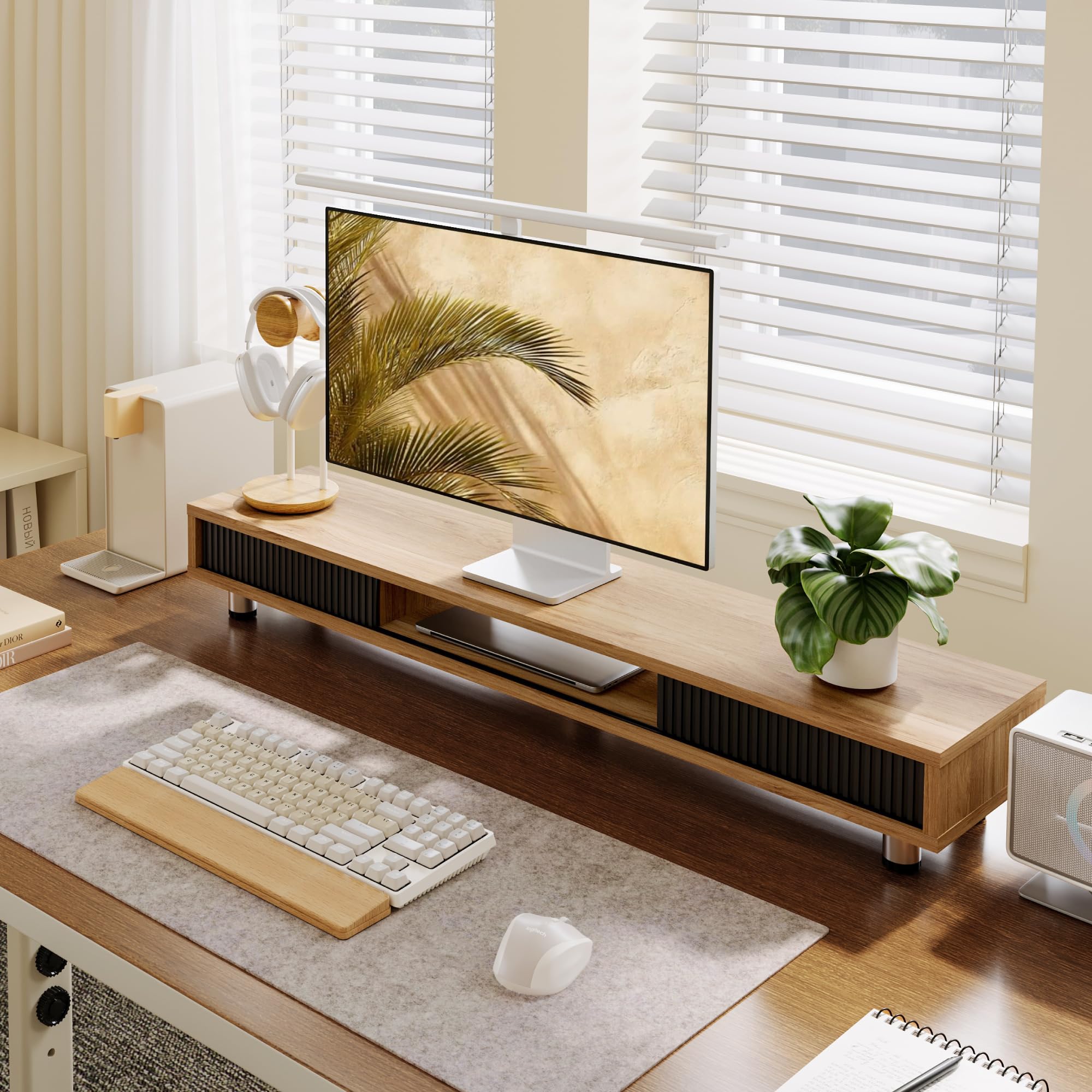 Fenge Elevador de Monitor con Puerta Corredera De Cristal Roble Oscuro | Altura Regulable,Elevador de Monitor,108×23,5×(15,2-16,7)cm Carga Máxima 45 kg