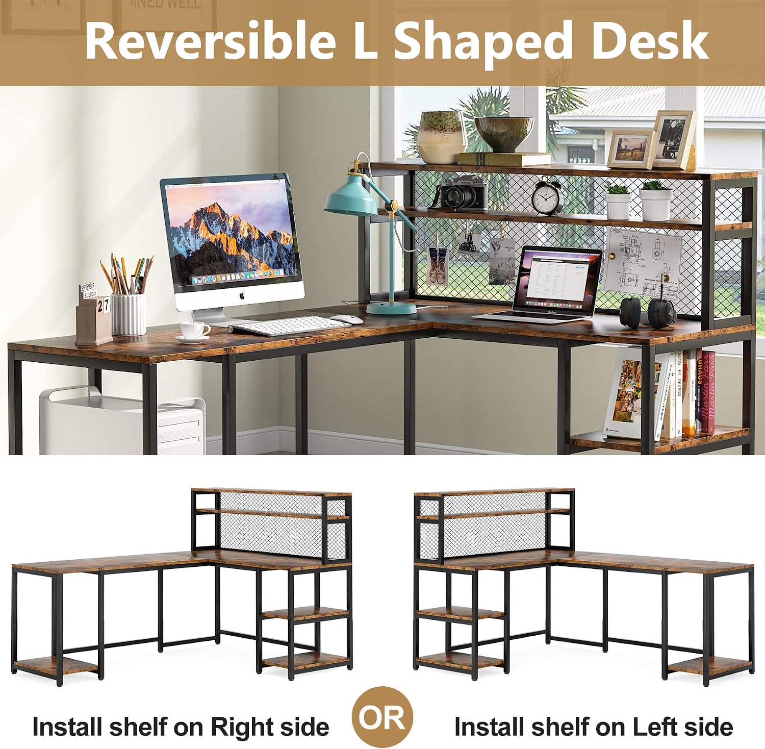 Tribesigns 67" Reversible Large Computer Desk with Hutch, Office Desk Study Table Writing Desk Workstation with 5 Storage Shelves 2 Tier Bookshelf for Home Office (Rustic Brown)