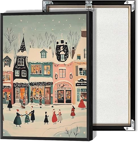 Pósteres retro de Navidad, lienzo retro de pueblo navideño, arte de pared, impresiones acogedoras de escena de invierno para oficina, sala de estar,