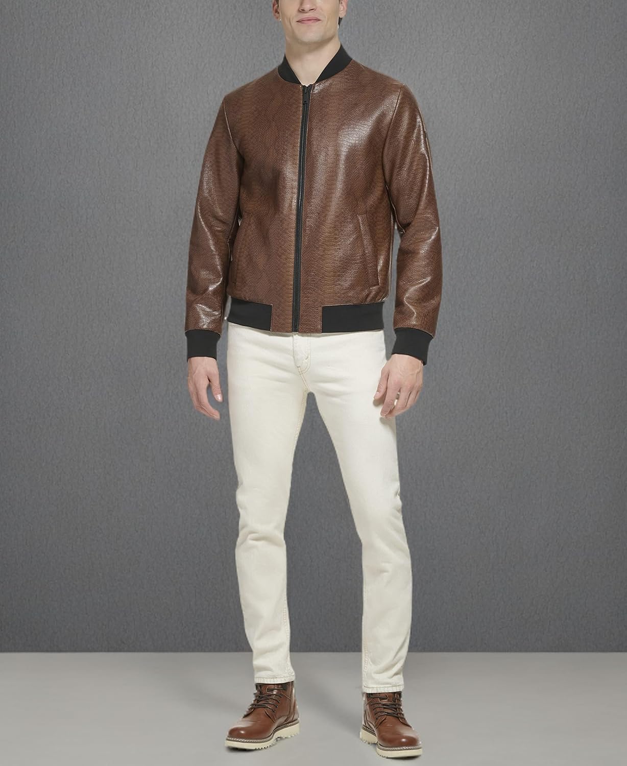 DKNY Men's Faux Leather Varsity Bomber Jacket