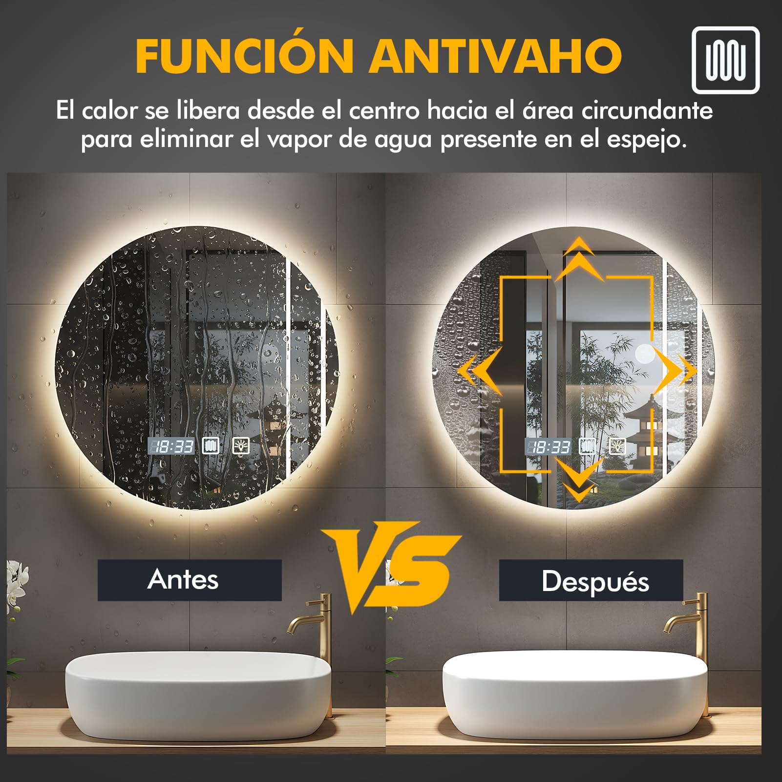 Espejo de Baño Iluminado con LED 60 x 60 cm,Espejo Baño LED Antivaho,Espejos Bano con Luz Regulable de 3 Colores,Ajuste de Brillo, Interruptor Táctil, Espejos de Bano con Luz LED Retroiluminadas
