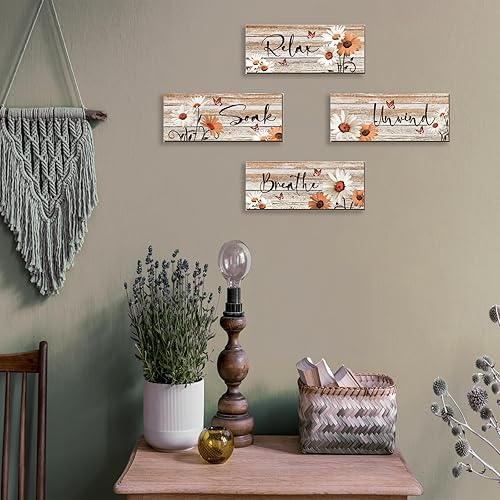 Miniatura 10 de ZINYAZHE 4 piezas de decoración de pared de baño amarillas de margaritas amarillas y mariposas amarillas, arte de pared amarillo para relajarse,
