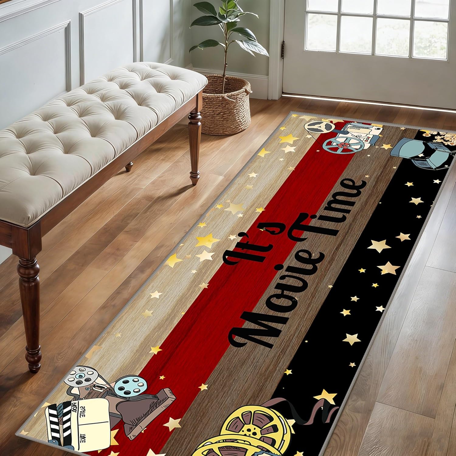 Movie Theater Retro Cinema Signboard Hallway Rugs, 2x7ft, Projector Popcorn Movie Film Reel Entryway Carpet, Non-Shedding Pet Friendly Washable Anti-Slip Rugs for Bedroom Patio Dorm