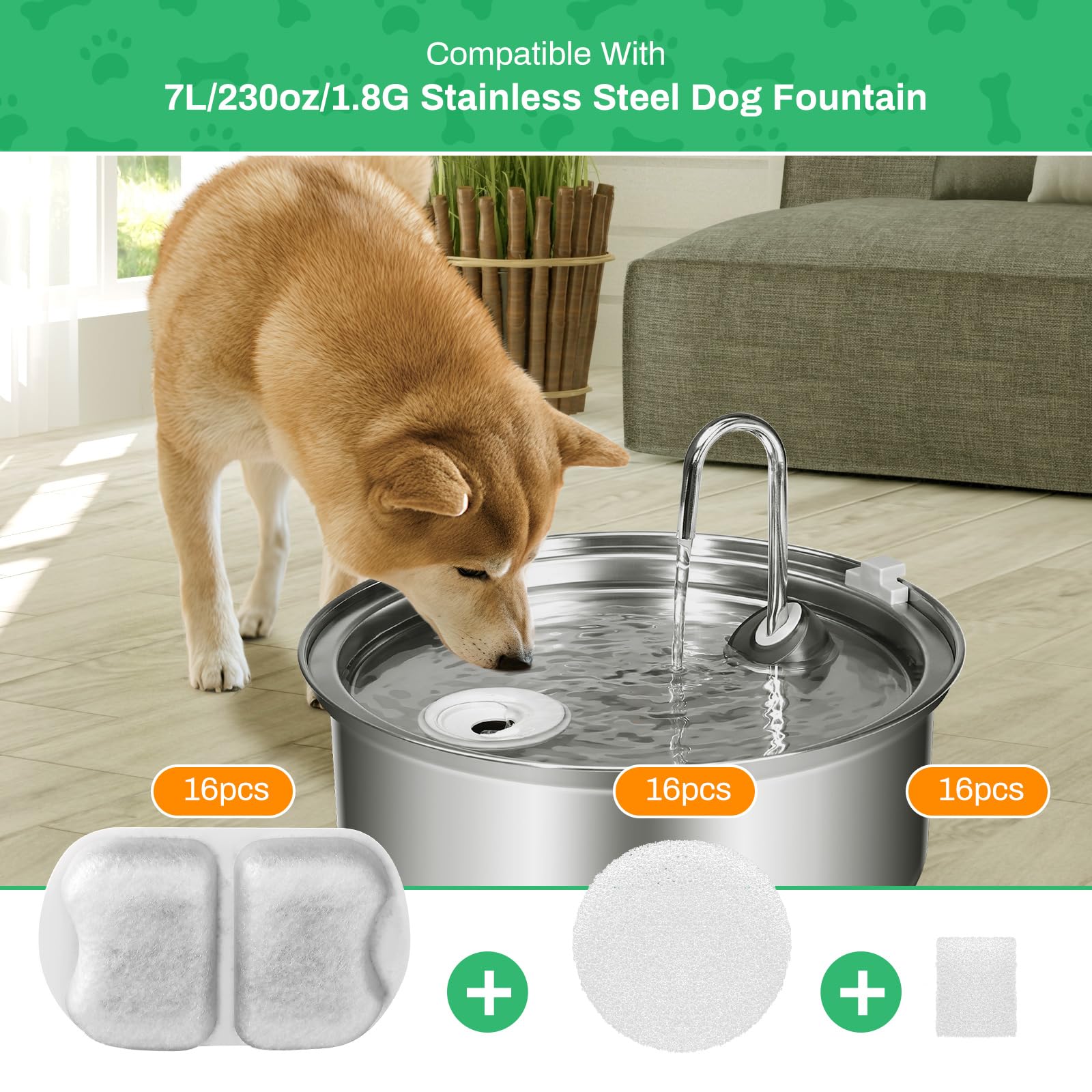 16-pack Dog Water Fountain Filter Replacement for 7L/230oz/1.8G Stainless Steel Dog Fountain Super Quiet with Triple Filtration for Large Cats Multi-Pet Home (16 Set Filters for 7L Pet Fountain) - image 7