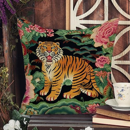 Miniatura 5 de Funda de almohada con estampado de tigre, color rosa, verde y turquesa, negro, ming, tigre, colorido, chinoiserie, funda de cojín asiática, 28 x 28