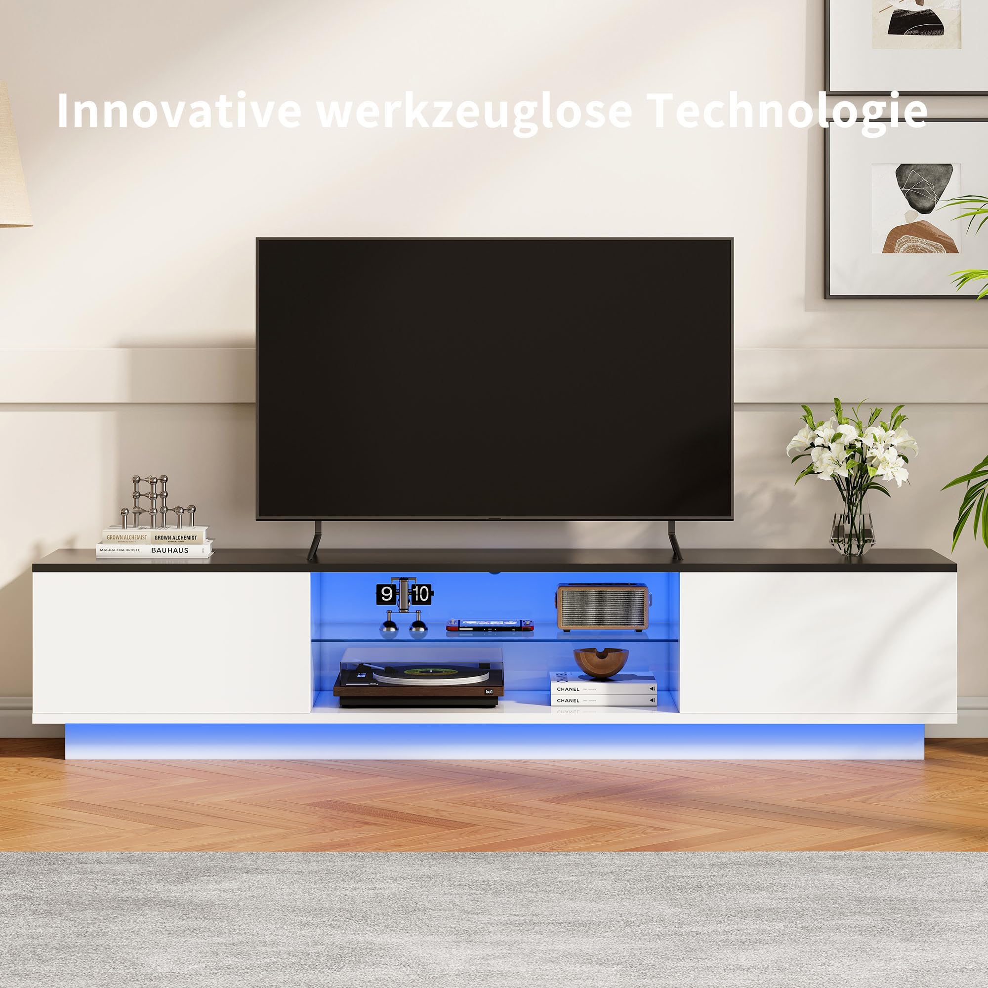 Meuble TV 140 cm Longueur, Meuble Tele Blanc avec LED, Étagères Ouvertes en Verre, Meuble TV Moderne, Support TV Jusqu’à 60", Banc TV pour Salon Chambre