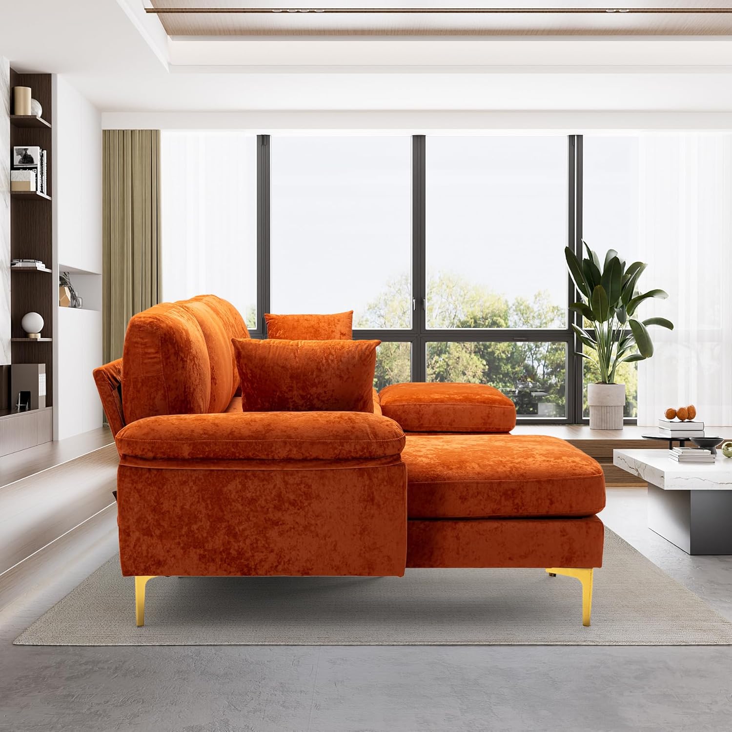 OUYESSIR U-Shaped Sectional Sofa Couch, 4 Seat Sofa Set for Living Room, Convertible L-Shaped Velvet Couch Set with Chaise Lounge, Ottoman and Pillows,114 inches (Orange)