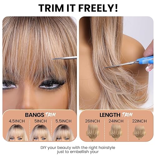 Miniatura 10 de EMMOR Peluca rubia con flequillo para mujer, pelucas largas y lacias, peinado sintético en capas para niñas, fiesta, cosplay y uso diario (26